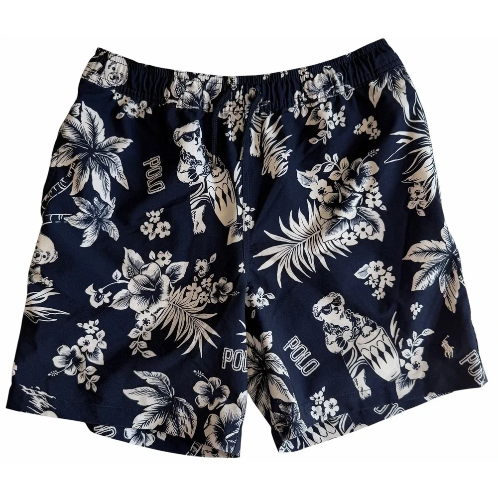 Polo Ralph Lauren Young Boys Swim Trunks Aloha BEAR Luau Navy Floral Large 14/16
